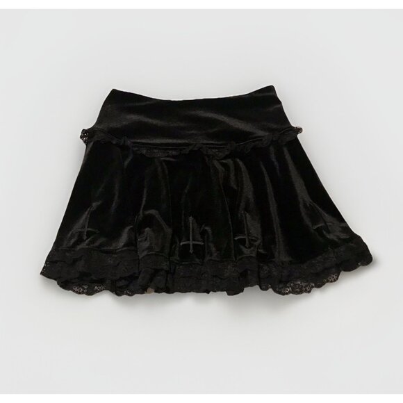 Whimsigoth Fairy Black Cross Detail Velvet Lace Skirt Goth Size Small - Picture 3 of 8